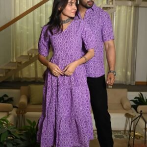 Couple Matching Purple Cotton Anarkali Midi Dress and Shirt Set ? Geometric Wave Print