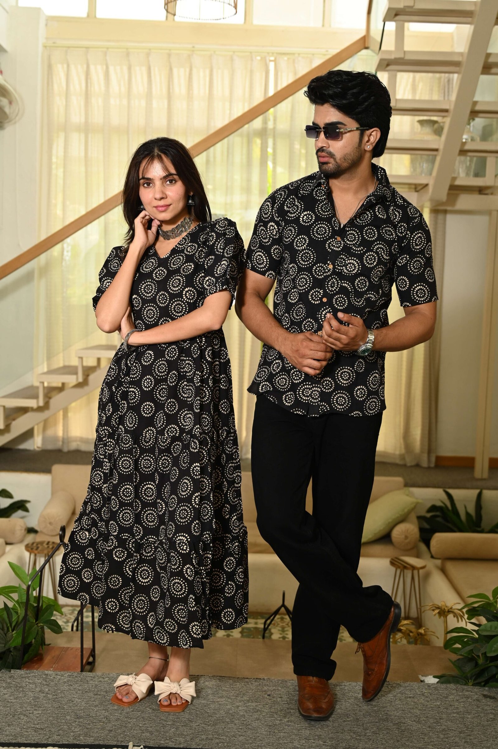 Couple Matching Black floral Printed Cotton Anarkali Midi Dress & Shirt Set ? Summer Casual Wear - Image 2