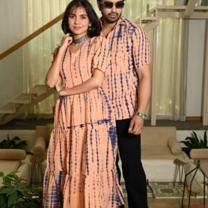 Couple Matching Peach Printed Cotton Anarkali Midi Dress & Shirt Set ? Summer Casual Wear