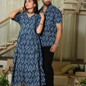 Couple Matching Blue Ikat Print Cotton Anarkali Midi Dress and Shirt Set