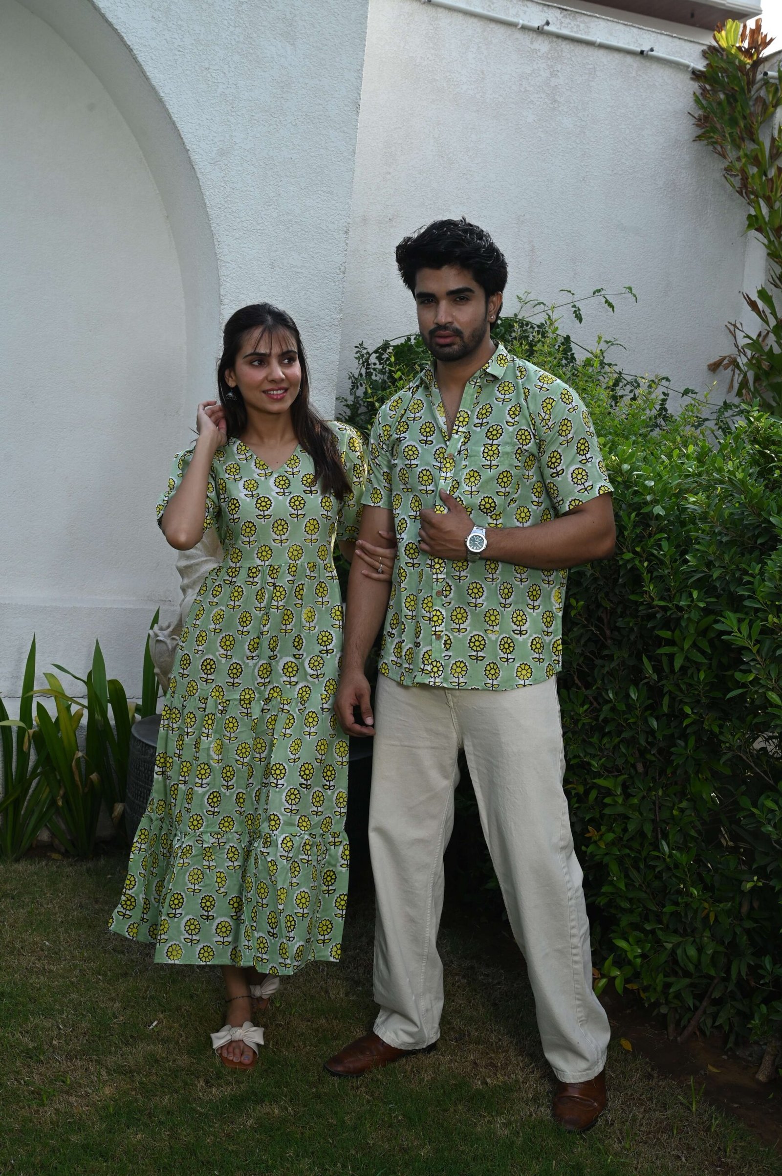 Couple Matching Light Green Printed Cotton Anarkali Midi Dress & Shirt Set ? Summer Casual Wear - Image 4