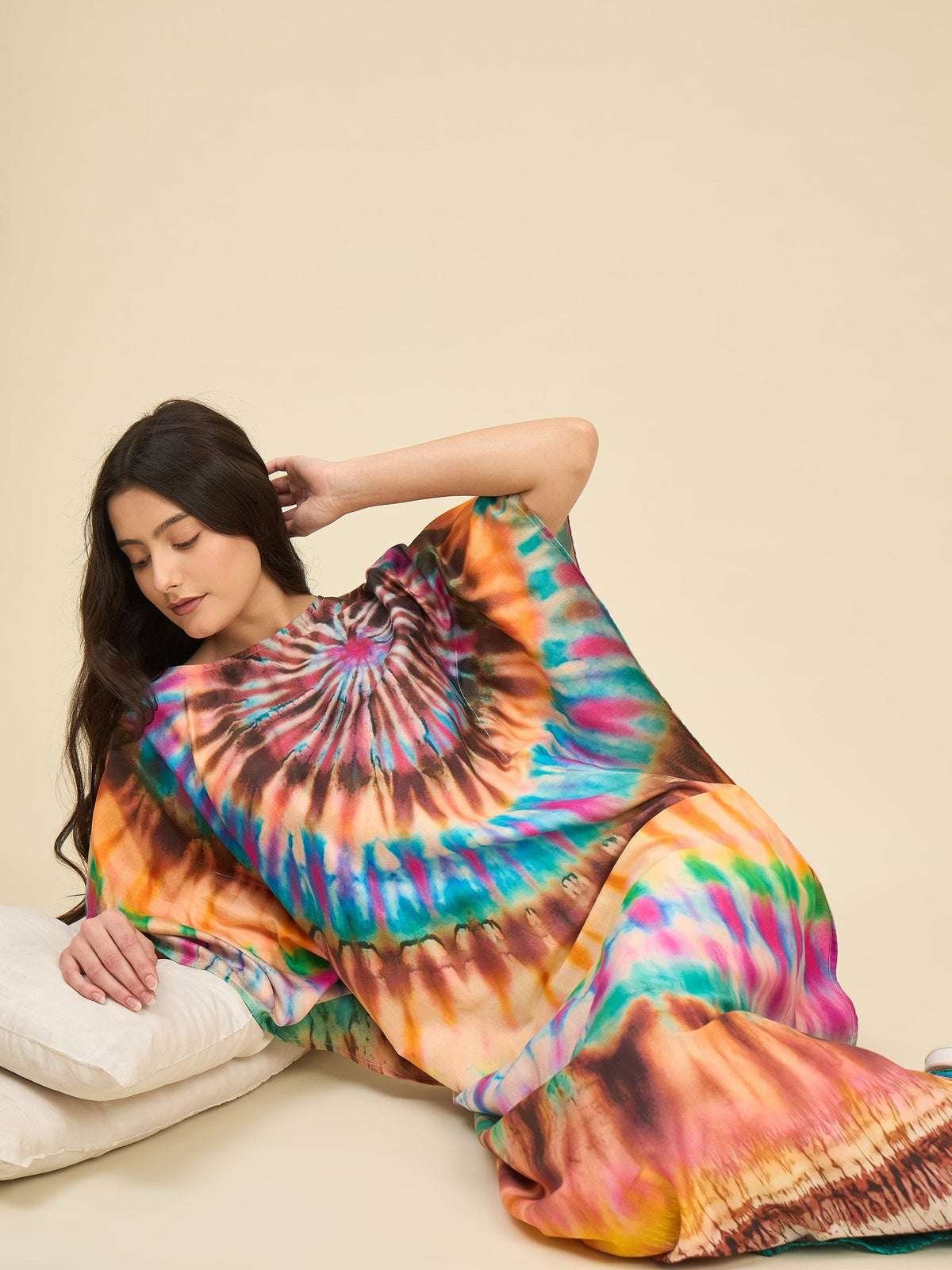 Women's Cotton Tie Dye Print Flowing Bell Sleeves Full Length Kaftan Drees Casual Beach Wear ( Turquoise Yellow )