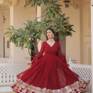 Maroon Faux Blooming Gown with Sequined Dupatta ? Elegant Fully Flared Party & Wedding Set