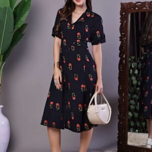 Women's Elegant Indigo & Orange Floral Block Print Cotton Shirt Dress
